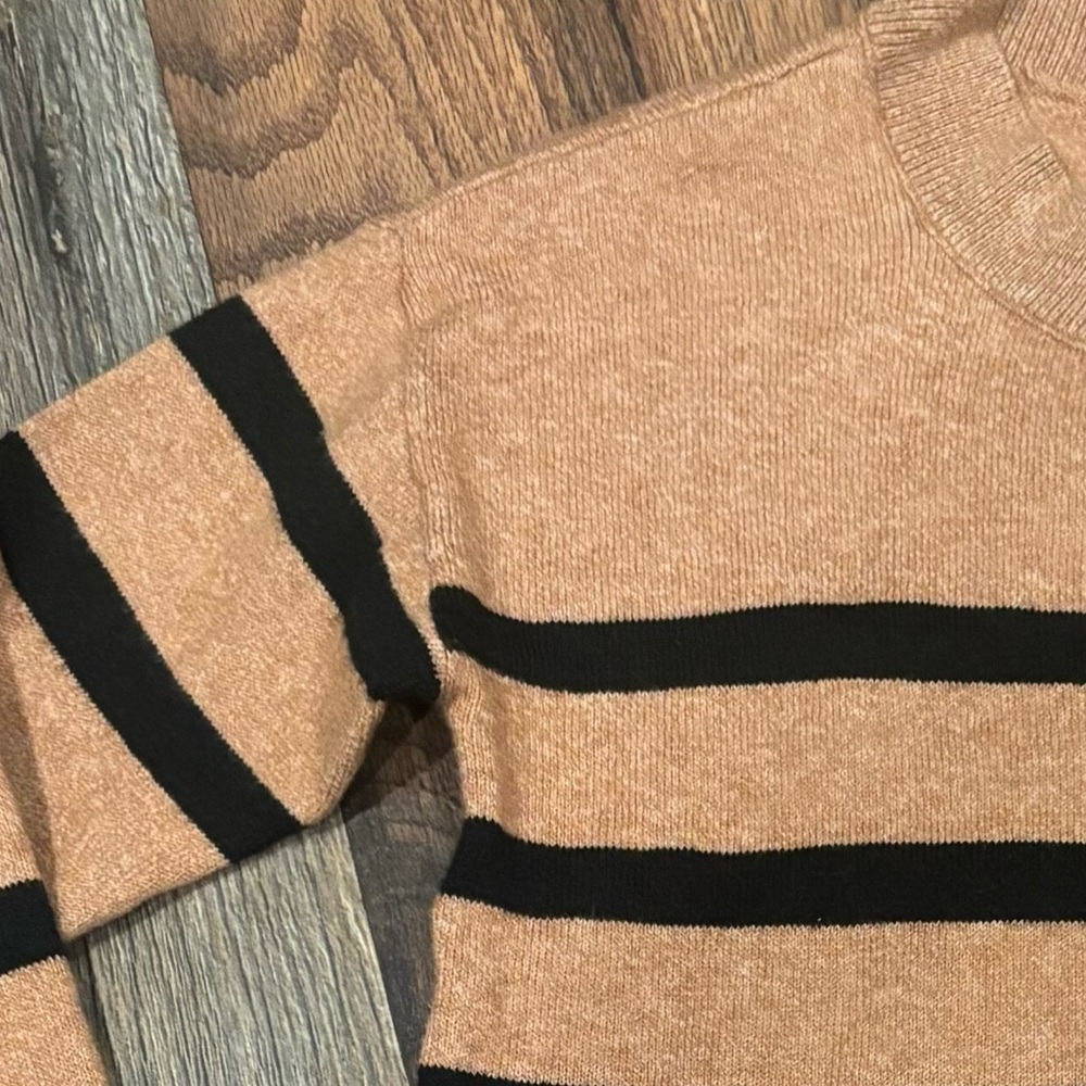 LOFT Camel/Tan and Black Striped Crew Neck Sweater with Button details XS - Picture 3 of 12